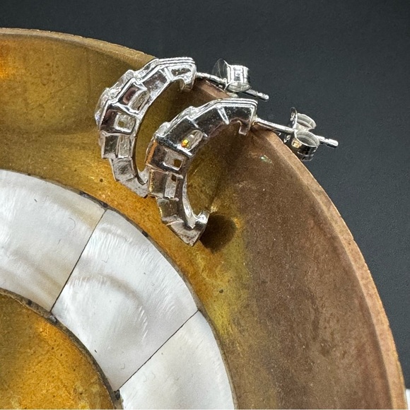 Sparkly Rhodium Plated CZ Half Hoop Huggie Earrings - Pierced - Picture 4 of 12